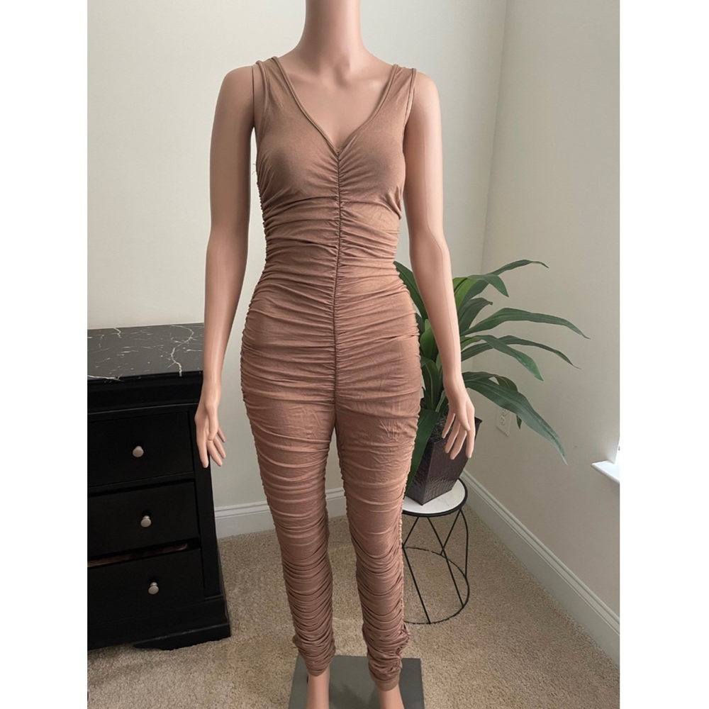 Mocha Ruched Jumpsuit - Picture 1 of 3